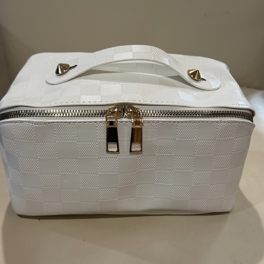 NEW White Check Pattern Top-Handle Cosmetic Bag with Gold Hardware (In Package)